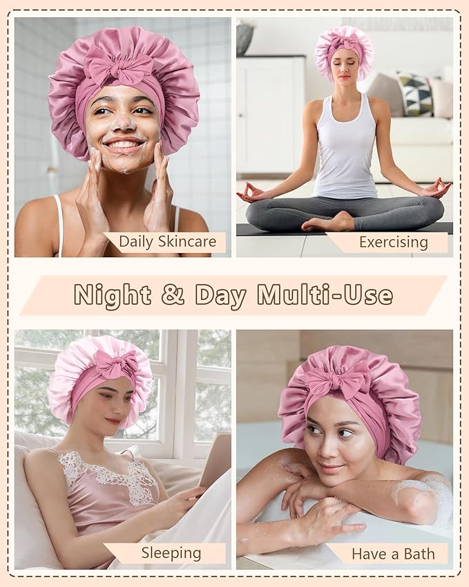 AWAYTR Women Satin Bonnet for Sleeping - Double Layer Silk Hair Bonnet with Elastic Tie Band for Braids Curly Hair