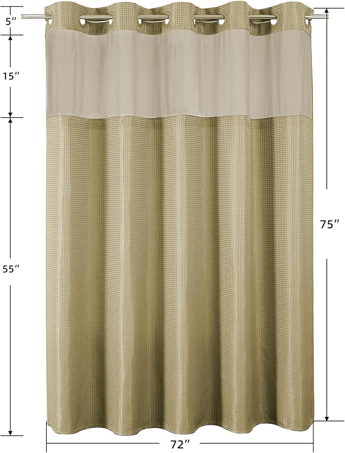 Colorful Star No Hook Waffle Shower Curtain with Snap in Fabric, Waterproof Shower Curtains with See Through Top Window, Hotel Luxury Heavy Duty Bathroom Curtain and Liner Set, 72'' x 75'', Beige