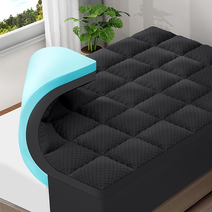 OLANLY Dual-Layer 4 Inch Cal King Size Memory Foam Mattress Topper for Back Pain, 2 Inch Cooling Pillow Top Mattress Pad Cover and 2 Inch Gel Memory Foam Topper, Deep Elastic Pocket, Black