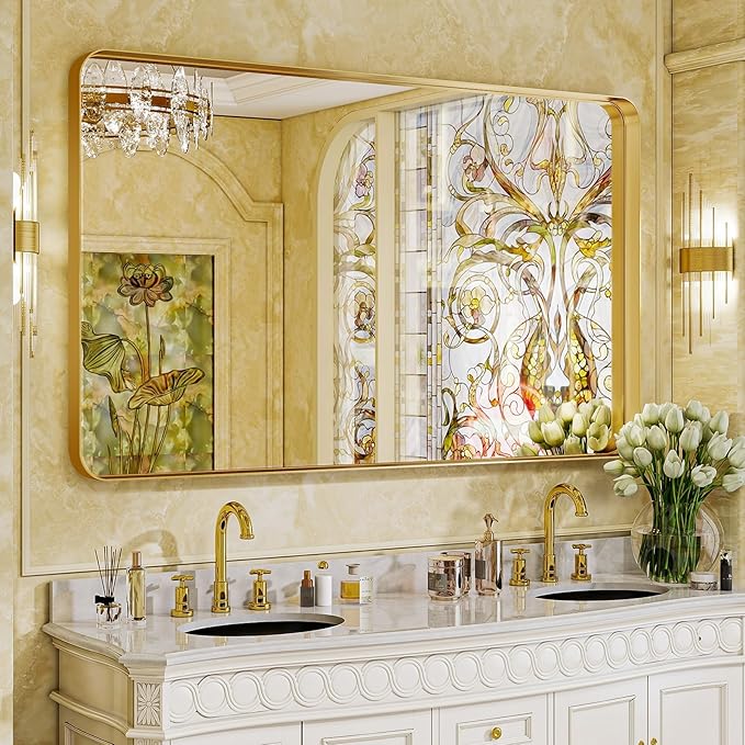 VooBang Bathroom Mirror 30x56 inch, Golg Gorgeous Deep Frame Wall Mirror with Shatterproof Tempered Glass, Modern Bathroom Vanity Mirror for Over Sink Hanging Horizontal or Vertical, Gold
