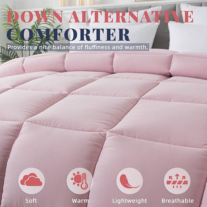 Cosybay Down Alternative Comforter (Pink/Light Grey, King) - All Season Soft Quilted King Size Bed Comforter - Duvet Insert with Corner Tabs - Winter Summer Warm Fluffy, 102x90 inches