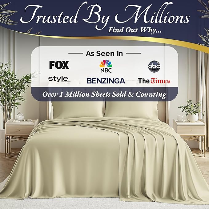 DECOLURE 100% Viscose Derived from Bamboo Sheets Queen Size 4pcs - Ultra Soft & Luxuriously Cooling, 17" Deep Pocket, Double Stitching, Perfect for Hot Sleepers - Queen Bed Sheets (Creme)