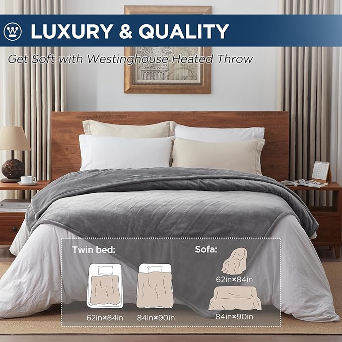 Westinghouse Electric Blanket Twin Size, Super Cozy Soft Flannel 62"" x 84"" Heated Blanket with 10 Fast Heating Levels & 1-12 Auto-Off, Machine Washable, ETL&FCC Certification, Light Grey
