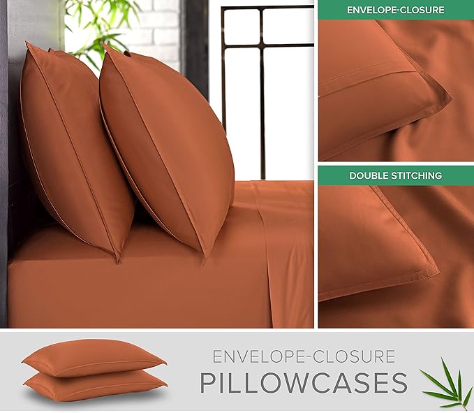 Full Sheets by Pure Bamboo, Genuine 100% Organic Viscose Derived from Bamboo Bed Sheet Set, Luxuriously Soft & Cooling, Double Stitching, Lifetime Quality Promise (Full, Terracotta)