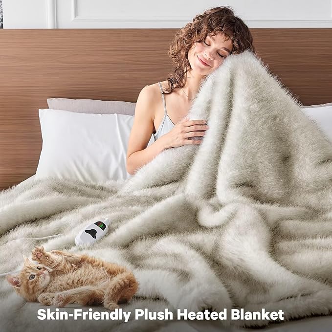 Heated Electric Blanket Throw,Octrot 50"X60" Faux Fur Heating Blanket Luxury Christmas Gifts Heavy Plush with 10 Heats Levels & 8 Hours Auto Off,Super Cozy Warm Fuzzy,Fluffy Decor Winter Warming,Beige