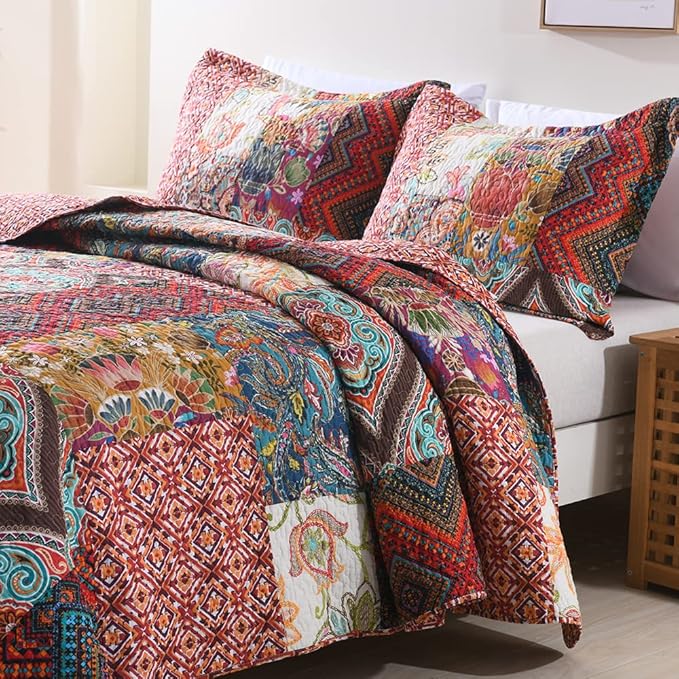 Autumn Dream Cotton Patchwork Bedspread Quilt Sets, Reversible Bedding Coverlet Sets, Red Gorgeous Vintage Pattern, QueenSize