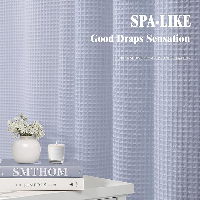 Stall Waffle Shower Curtain - Misty Blue Cotton Fabric Texture Heavyweight Shower Curtain for Narrow Bathroom,Washable,48Wx72L