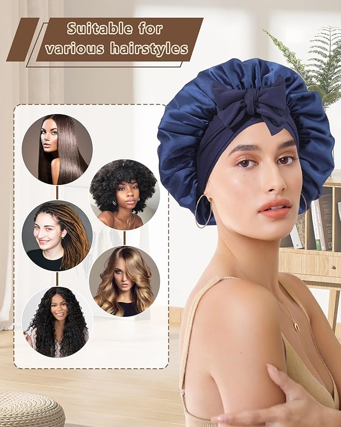 AWAYTR Women Satin Bonnet for Sleeping - Double Layer Silk Hair Bonnet with Elastic Tie Band for Braids Curly Hair