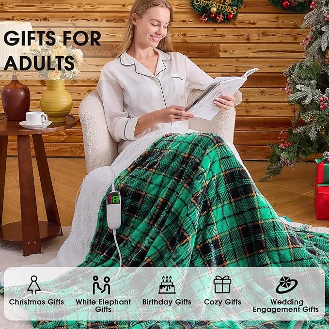 Electric Heated Blanket King Size, 90X100 Christmas Blanket with Dual Control&10 Heats Levels&Timer for Bed,Large Green Plaid Soft Sherpa Heating Blankets Warmer Gifts for Grandma Women Adults