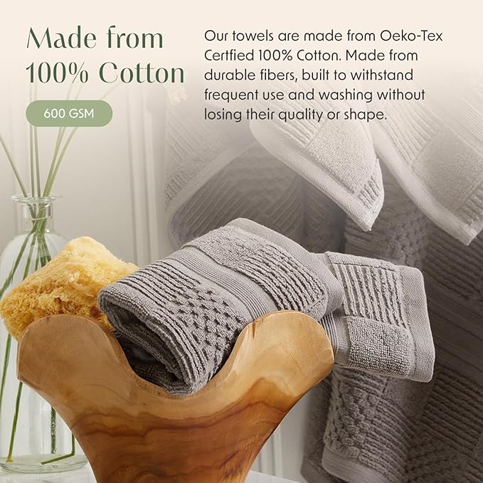 Springtree Home 100% Cotton Bathroom Towel Set | 6 Piece Set - Grey Towels | Geometric Textured Design | Absorbent & Quick-Dry | Oeko-TEX® Standard 100 Cotton | Myla Collection - Frost Grey