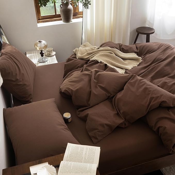 FOSSA Duvet Cover Set 100% Washed Cotton Linen Feel Super Soft Breathable Cozy 3 Pieces Bedding Sets Solid Cocoa Brown Super King