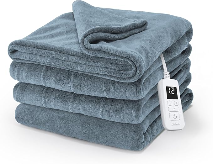 Sunbeam Electric Royal Luxe Microplush Heated Blanket, 12 Heat Settings, 12-Hour Auto Shut-Off, Fast Heating, Warm and Cozy, Cadet Blue Color, Twin (84" x 62")