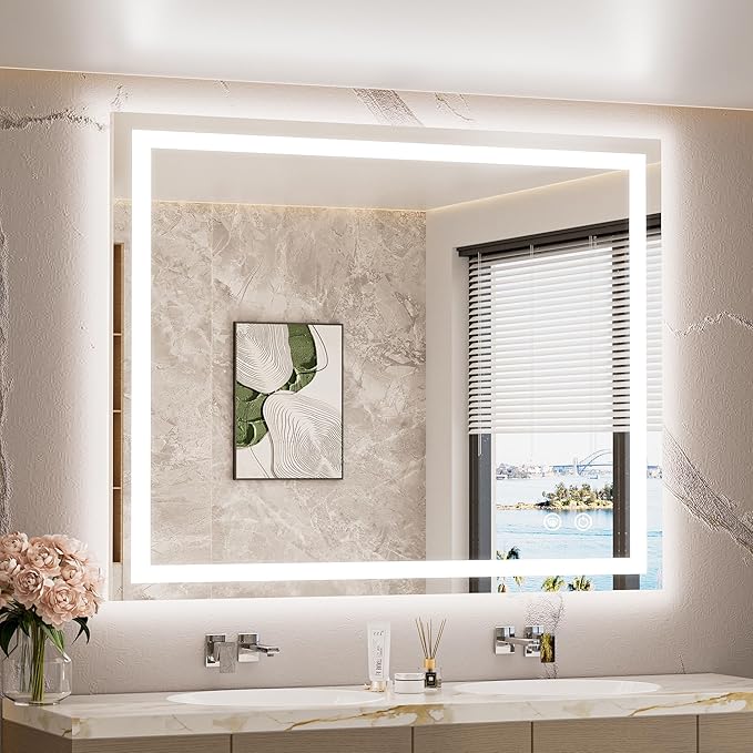 TETOTE LED Lighted Bathroom Mirror with Lights 42 x 36 Brighter Front and Backlit Light up Mirror for Bathroom Wall, Illuminated Vanity Anti Fog Mirror, 3-Color Stepless Dimmable, Tempered Glass