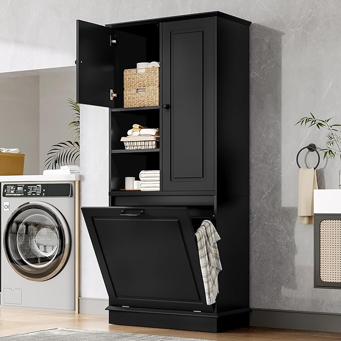 Tall Storage Cabinet with Adjustable Shelves & Flip-Out Basket, MDF Material with Aluminum Alloy Handles, Large Capacity for Bathroom, Kitchen, Living Room, Office Organizer, Black
