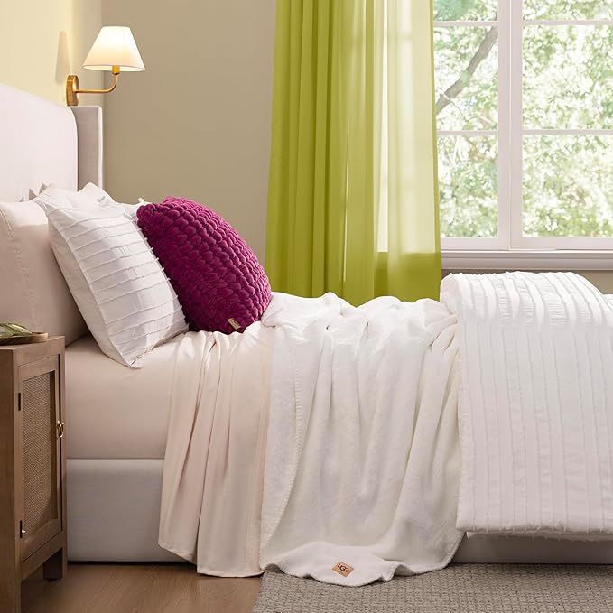 UGG Plush Full/Queen Blanket, Fleece Fluffy Blanket for Bed, Luxury Cozy Oversized Throw for Couch, Washable Hypoallergenic Bedding Queen Bed, 90" x 90", White Snow (Whitecap)
