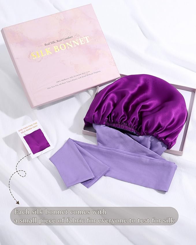 100% Mulberry Silk Bonnet for Sleeping Women Double Layer Silk Hair Bonnet Natural Silk Sleep Cap with Elastic Reversible Hair Wrap (Violet + Wisteria)