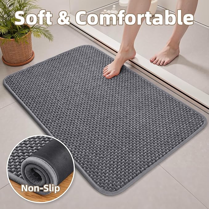PADOOR-Bath Mat-Super Absorbent Chenille Bathroom Mats-Rubber Backed Bath Mats for Bathroom Non Slip, Easy Clean Bathroom Rugs Front of Bathtub,Shower Room,Sink-17×28, Grey&Darkgrey
