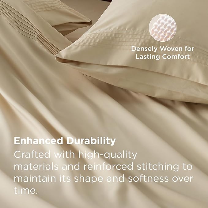 Bedsure Deep Pocket Queen Sheets Set - Fits Mattresses Up to 21 Inches Thick - 4 Piece GentleSoft Bed Sheets, Moisture Wicking, Soft & Cooling Bedsheet & Pillowcases, Easy & Secure Fit, Beige