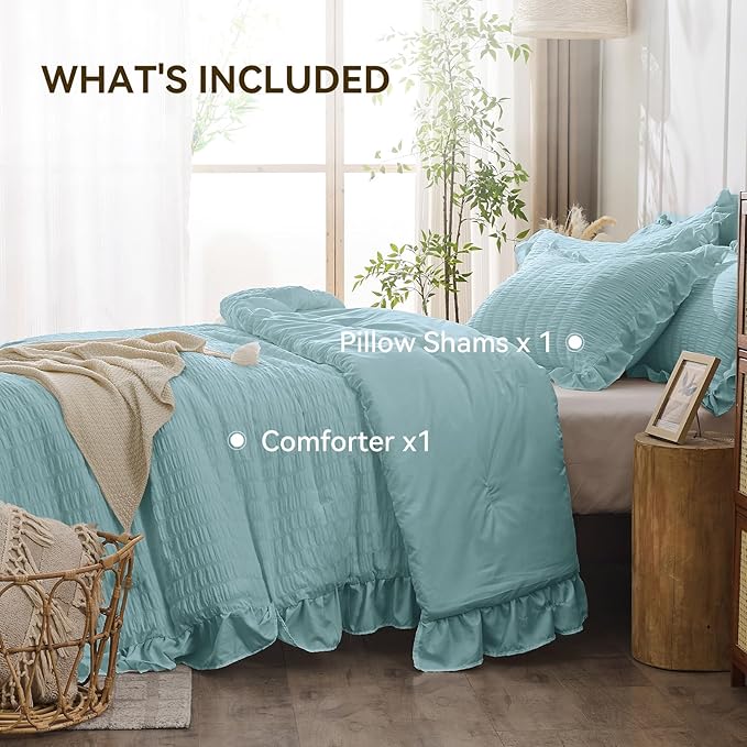 JOLLYVOGUE Blue Twin Size Comforter Set, 2 Pieces Seersucker Lightweight Fluffy Bedding Set, Twin Ruffle Comforter, All Season Soft Microfiber Shabby Chic Bed Set