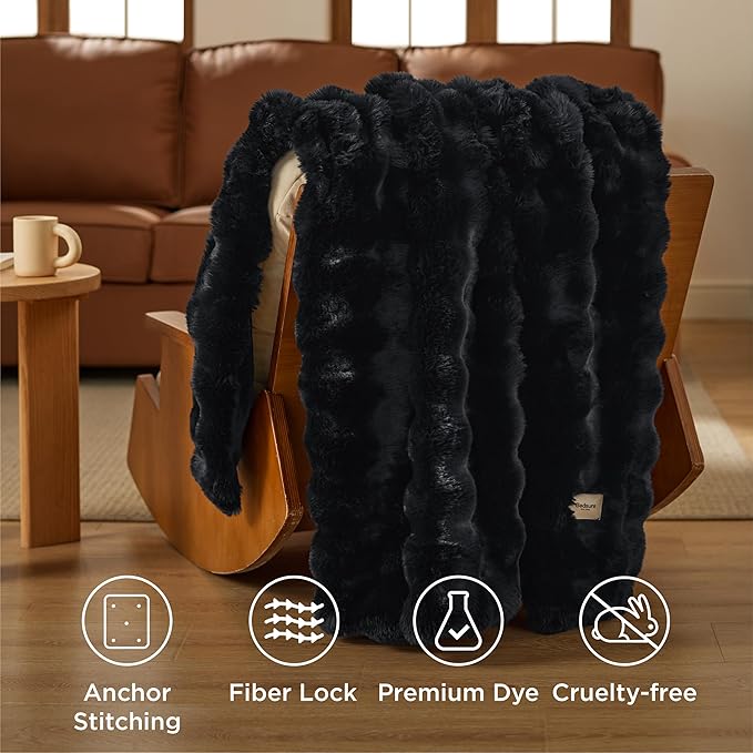 Bedsure GentleSoft Fluffy Faux Fur Throw Blanket for Couch, Soft Fuzzy Bubble Blanket Home Decor Gifts for Bedroom Living Room, Thick Warm Furry Cozy Gifts for Women, Black, 50x60 Inch