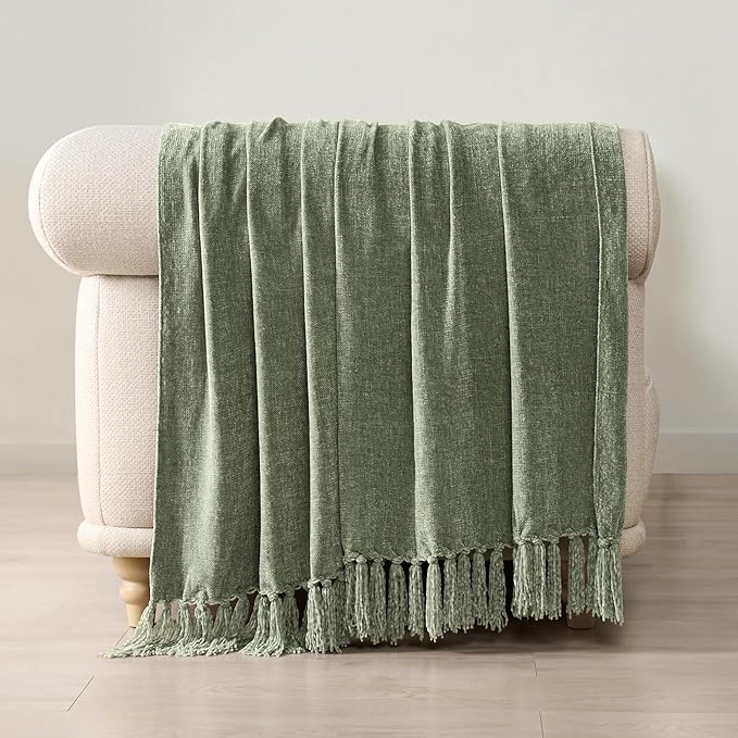 EVERGRACE Soft Chenille Throw Blanket for Couch, Cozy Plush Fuzzy Decorative Chenille Knit Throw Blanket with Tassels, Lightweight Blanket and Throws for Bed Sofa Gift Home Decor, Sage Green 60"x80"