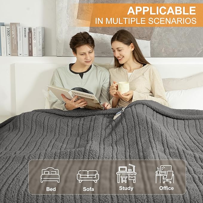 Queen Size Heated Blanket Single Control - 84"X90" Soft Double Sided Sherpa Electric Blanket with 6 Fast Heating Levels & 10 hrs Timer Settings, Washable & ETL Certified for Bed, Grey