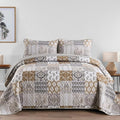 WONGS BEDDING Brown Quilt Set King Size, Patchwork Plaid Bedspread Bedding Sets Paisley Soft Microfiber Quilts for King Bed 3 Pieces Coverlet Set for All Season (104"x90")