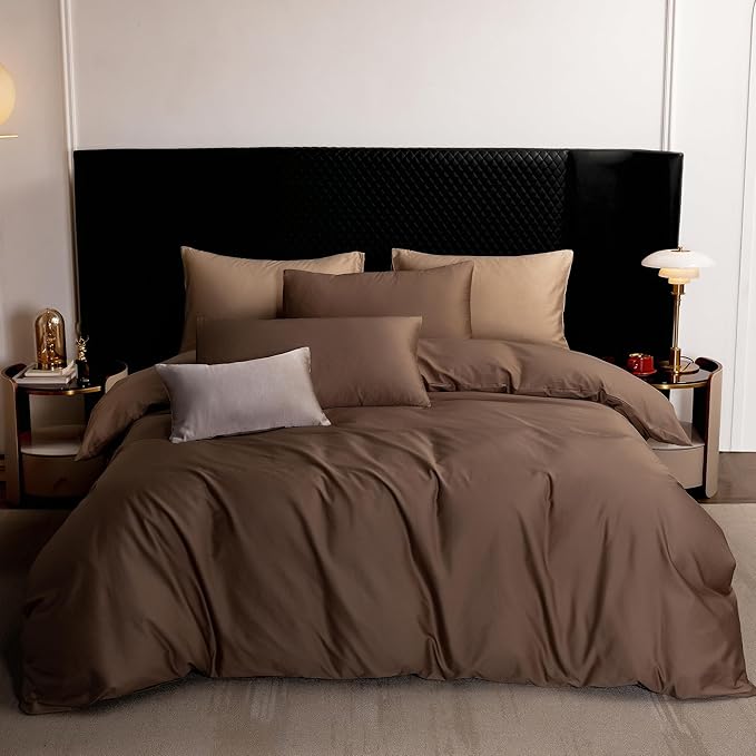 MooMee Duvet Cover Set 100% Extra Long Staple Cotton 600 Thread Count Silky Sateen Smooth Luxury Soft Breathable Durable Hotel Quality Bedding, 2 Pieces (Chocolate Brown,Twin 68"x90")