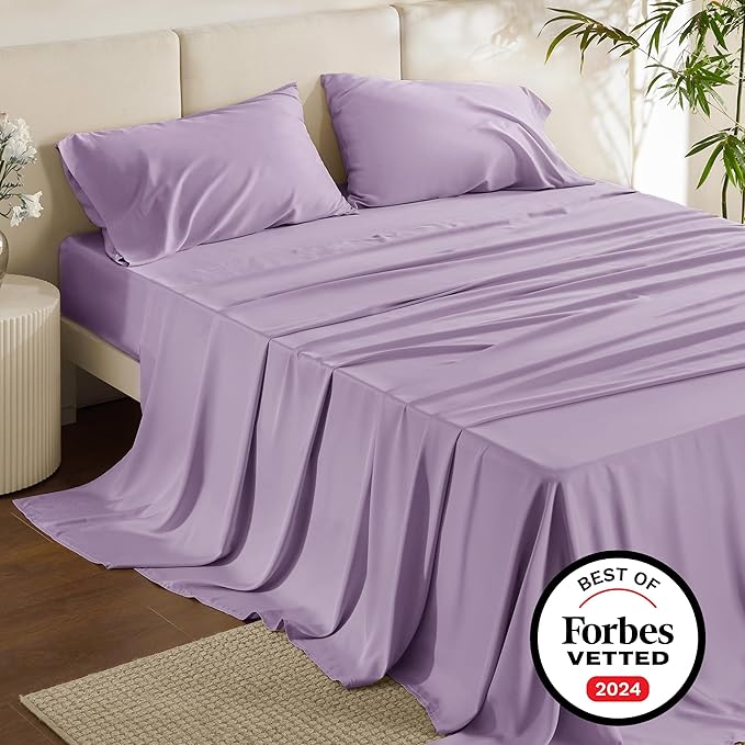 Bedsure Queen Sheet Set, Rayon Derived from Bamboo, Cooling Sheets, Breathable & Soft, Deep Pocket Up to 16 Inches, Hotel Luxury Silky Bedding for Hot Sleepers, Lilac