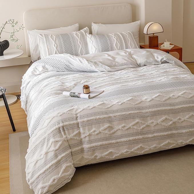 Cottonight White Black Boho Comforter Set Queen Farmhouse Tufted Bedding Set Soft Bohemain Shabby Chic Blanket Quilts Embroidery Rustic Luxury Soft 3PCS Bed Set for Women Men