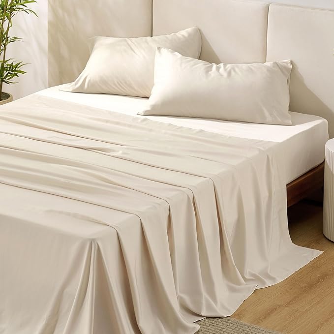 Bedsure Full Size Bed Sheets, Cooling Sheets, Rayon Derived from Bamboo, Breathable & Soft, Deep Pocket Up to 16 Inches, Hotel Luxury Silky Bedding for Hot Sleepers, Light Beige