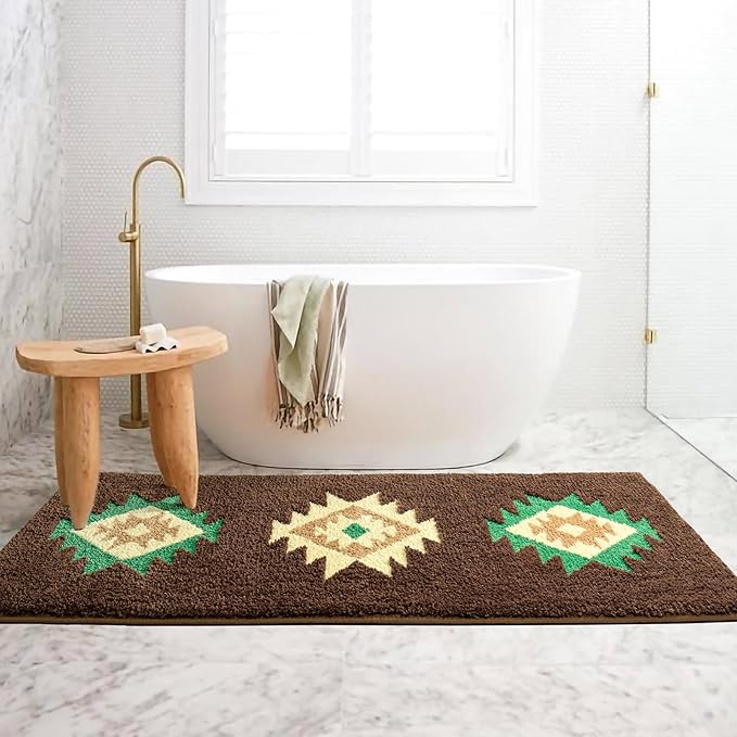 DEXDE Boho Bathroom Rug Runner 20x72 Long Bath Mat for Bathroom Bedroom Hallway Kitchen Luxury Soft Absorbent Large Modern Geometric Carpet Runner Western Farmhouse Decor, Brown