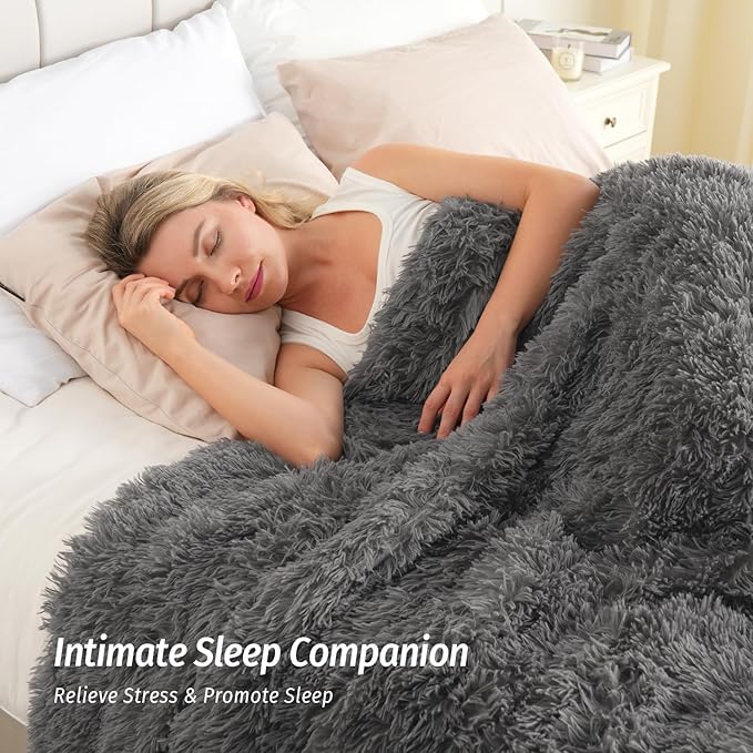 Wemore Shaggy Long Fur Faux Fur Weighted Blanket, Cozy and Fluffy Plush Sherpa Long Hair Blanket for Adult 15lbs, Fluffy Fuzzy Sherpa Reverse Heavy Blanket for Bed, Couch, Grey, 60 x 80 Inches