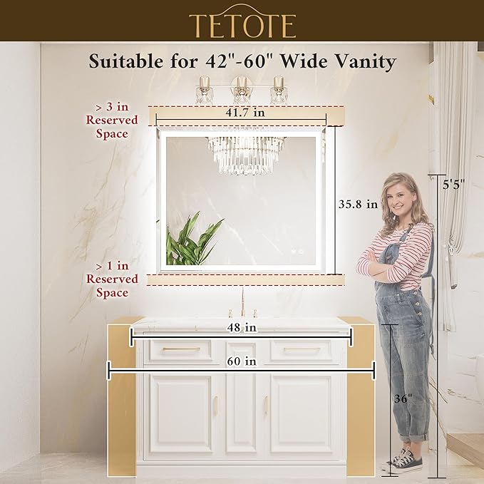 TETOTE 42 x 36 Inch Led Lighted Bathroom Mirror with Lights, Beveled Front and Backlit Extra-Bright Light up Mirror for Bathroom Wall, 3-Color Dimmable, Defogging, Tempered Glass, Waterproof