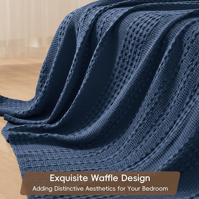 PHF 100% Cotton Waffle Weave Blanket Queen Size for Bed, Soft Lightweight & Breathable, All-Season Comfort, Luxury Aesthetic Woven Bedding for Home Decor, 90"x90", Blue Sapphire