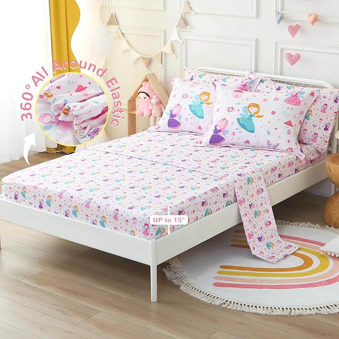 Viviland Kids Full Bedding Sets for Girls, Soft Full Comforter Set with Sheets, 7 Pieces Microfiber Bed in a Bag, Fairy Mushroom