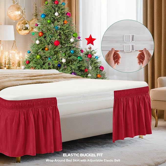Biscaynebay Wrap Around Bed Skirts for Twin & Twin XL Beds 15" Drop, Red Adjustable Elastic Dust Ruffles Easy Fit Wrinkle & Fade Resistant Silky Luxurious Fabric Machine Washable
