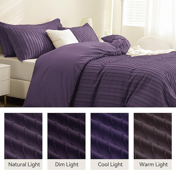 JELLYMONI Duvet Cover Twin Size Purple - 3PCS Boho Striped Duvet Cover Set Polyester Tufted Bohemian Textured Comforter Cover 68×90in with Corner Ties & Zipper and 2 Pillowcases