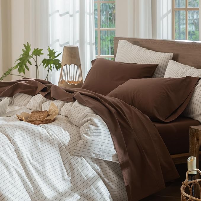MooMee Bedding Sheet Set 100% Washed Cotton Linen Like Textured Breathable Durable Soft Comfy (Solid Cocoa Brown, Twin XL)