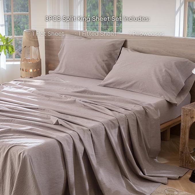 MooMee Bedding Sheet Set 100% Washed Cotton Linen Like Textured Breathable Durable Soft Comfy (Heathered Mauve Brown, Twin)