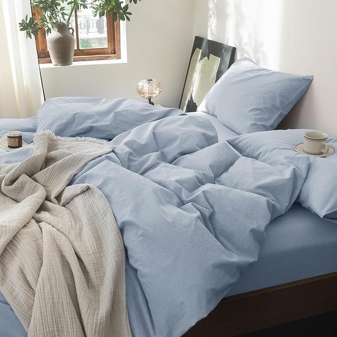 FOSSA Duvet Cover Set 100% Washed Cotton Linen Feel Super Soft Breathable Cozy 3 Pieces Bedding Sets Solid Cornflower Blue Super King
