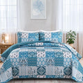 WONGS BEDDING Boho Quilt Set Queen Size,Teal Blue Plaid Patchwork Bedspread Bedding Set Soft Microfiber Quilt for Queen Bed Reversible 3 Pieces Coverlet Set for All Season (96"x90")