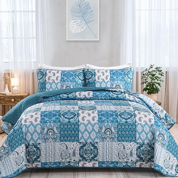 WONGS BEDDING Boho Quilt Set Queen Size,Teal Blue Plaid Patchwork Bedspread Bedding Set Soft Microfiber Quilt for Queen Bed Reversible 3 Pieces Coverlet Set for All Season (96"x90")