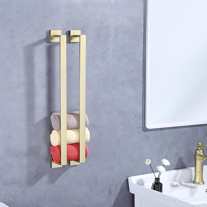LANC 2-Pack Brushed Gold Bathroom Towel Bars 23.6-Inch Bath Towel Rail Square Towel Racks Kitchen Towel Holders Stainless Steel Wall Mount Towel Hanger Towel Rods,A8804-6BG