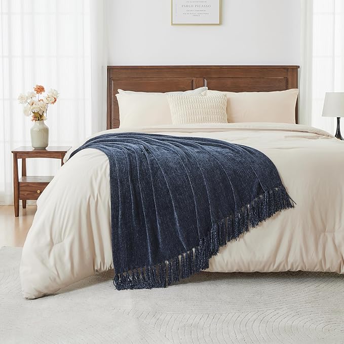 CozeCube Chenille Throw Blanket for Couch, Cozy Plush Fuzzy Decorative Navy Blue Blanket with Fringe Tassels, Lightweight Throws for Bed Sofa Gift Home Decor, 60"X80"