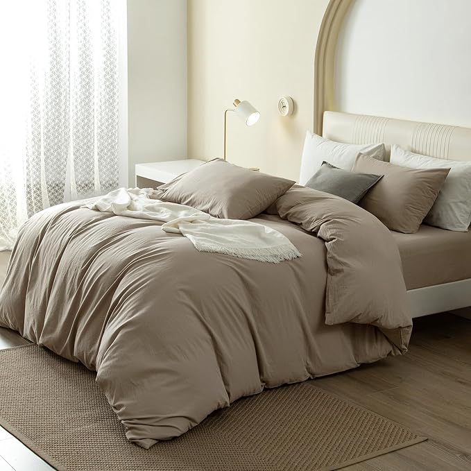 JIYUAN 100% Washed Cotton Duvet Cover Set 3 Pieces Full, 1 Duvet Cover 80x90 Inches(Comforter Not Included) and 2 Pillowcases,Linen Feel Bedding Set Comfy and Breathable,Khaki