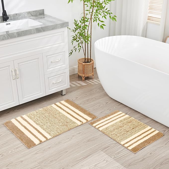 CozeCube Bath mats for Bathroom Non Slip, Fluffy Absorbent Microfiber Bath mat Washable, Aesthetic Bathroom Rugs, Cute Beige Striped Bath mat, Beige, 32" x 20"