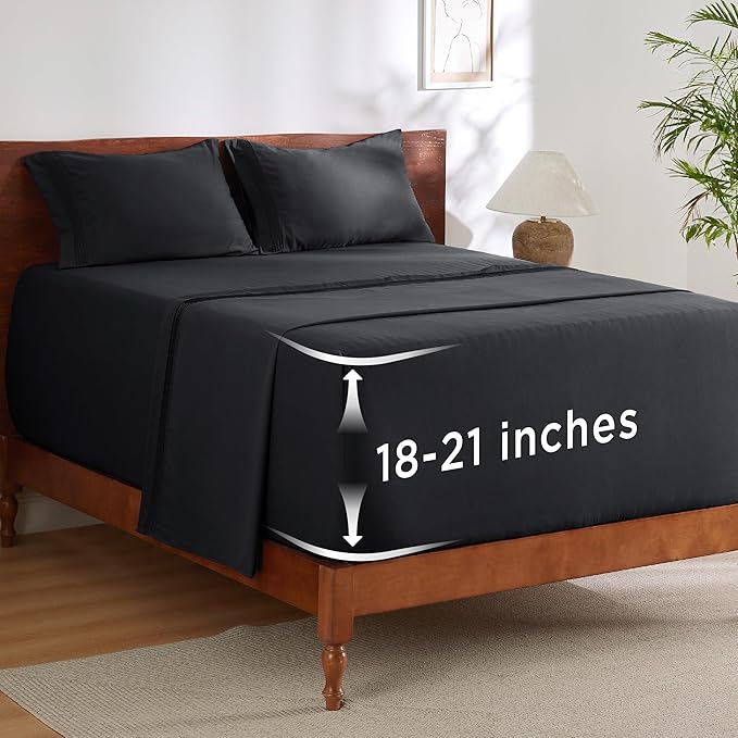Bedsure Deep Pocket Queen Sheets Set - Fits Mattresses Up to 21 Inches Thick - 4 Piece GentleSoft Bed Sheets, Moisture Wicking, Soft & Cooling Bedsheet & Pillowcases, Easy & Secure Fit, Black