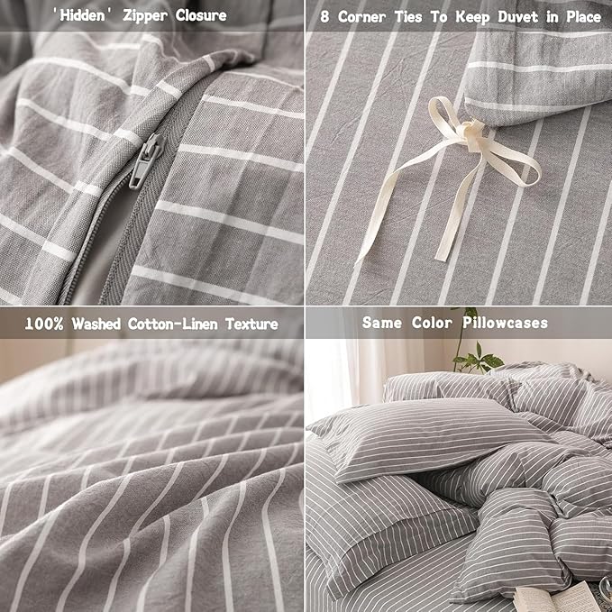 Stripe Duvet Cover Super King Size 108inch x 98inch, 100% Washed Cotton Linen Feel Duvet Cover with Zipper Closure and 2 Pillowcases, Color of Grey-White Stripe