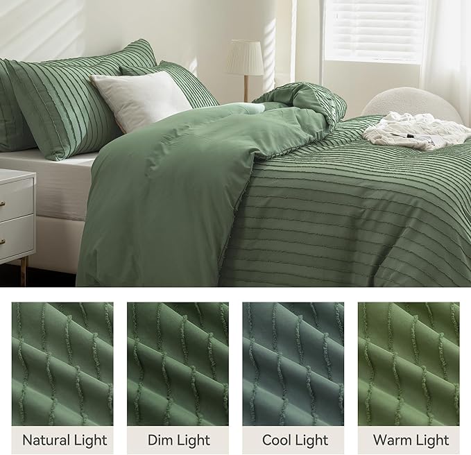 JELLYMONI Duvet Cover Queen Size Green - 3PCS Boho Striped Duvet Cover Set Polyester Tufted Bohemian Textured Comforter Cover 90×90in with Corner Ties & Zipper and 2 Pillowcases